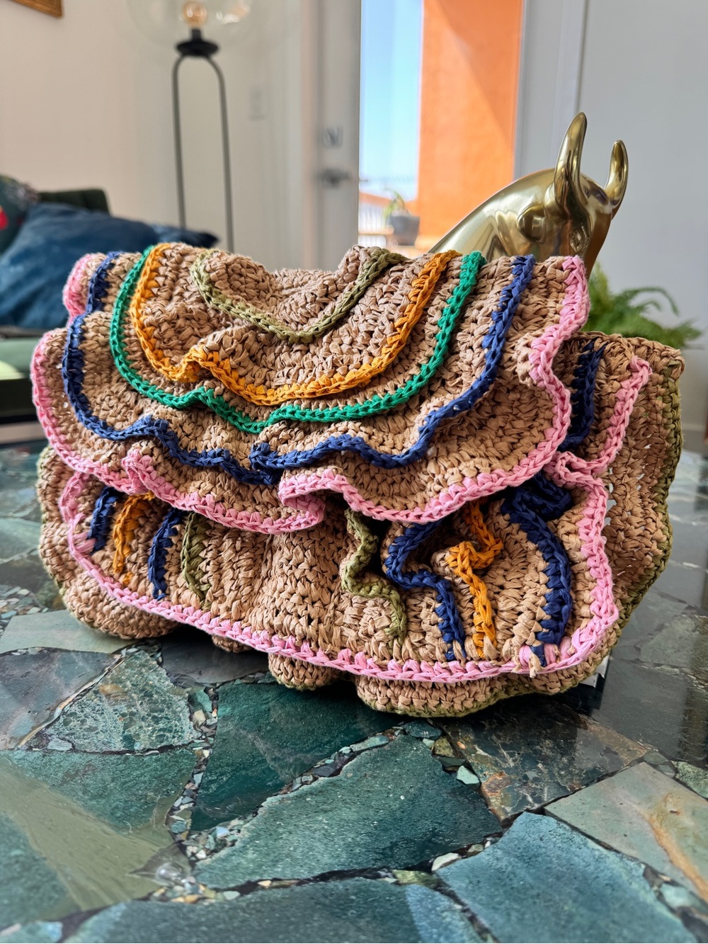 Handwoven Multicolor Rafia Ruffle Clutch Bag - Picture 5 of 7